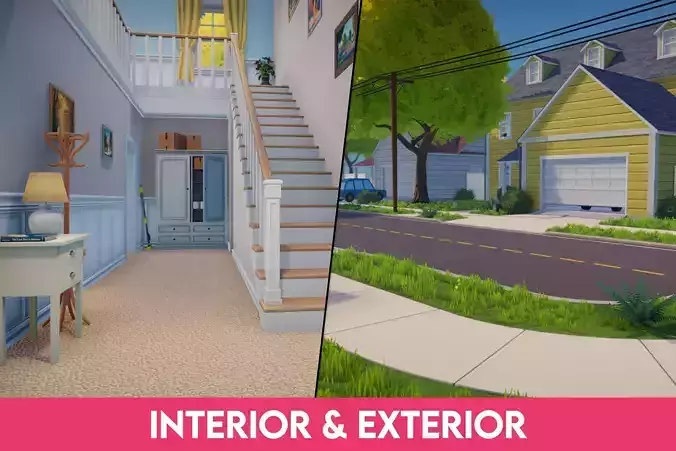 Stylized Cartoon House Interior Exterior Low-poly 3D model