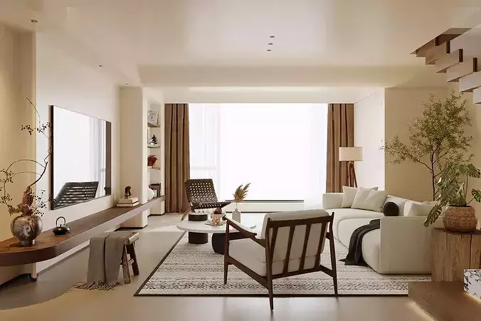 Wabi-sabi villa living room modern living room interior scenes  3D model 2