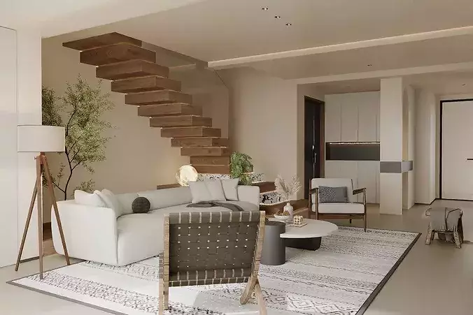 Wabi-sabi villa living room modern living room interior scenes  3D model 3
