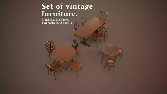 Set of vintage tables and chairs 3D Model Pack