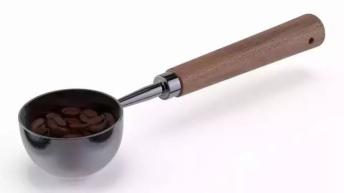 Vintage Measuring Spoon with Long Wooden Handle and Coffee Beans 3D model