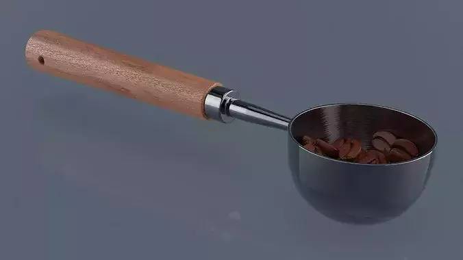 Vintage Measuring Spoon with Long Wooden Handle and Coffee Beans 3D model 2