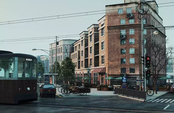 Charming streetscapes trams and brick buildings Low-poly 3D model