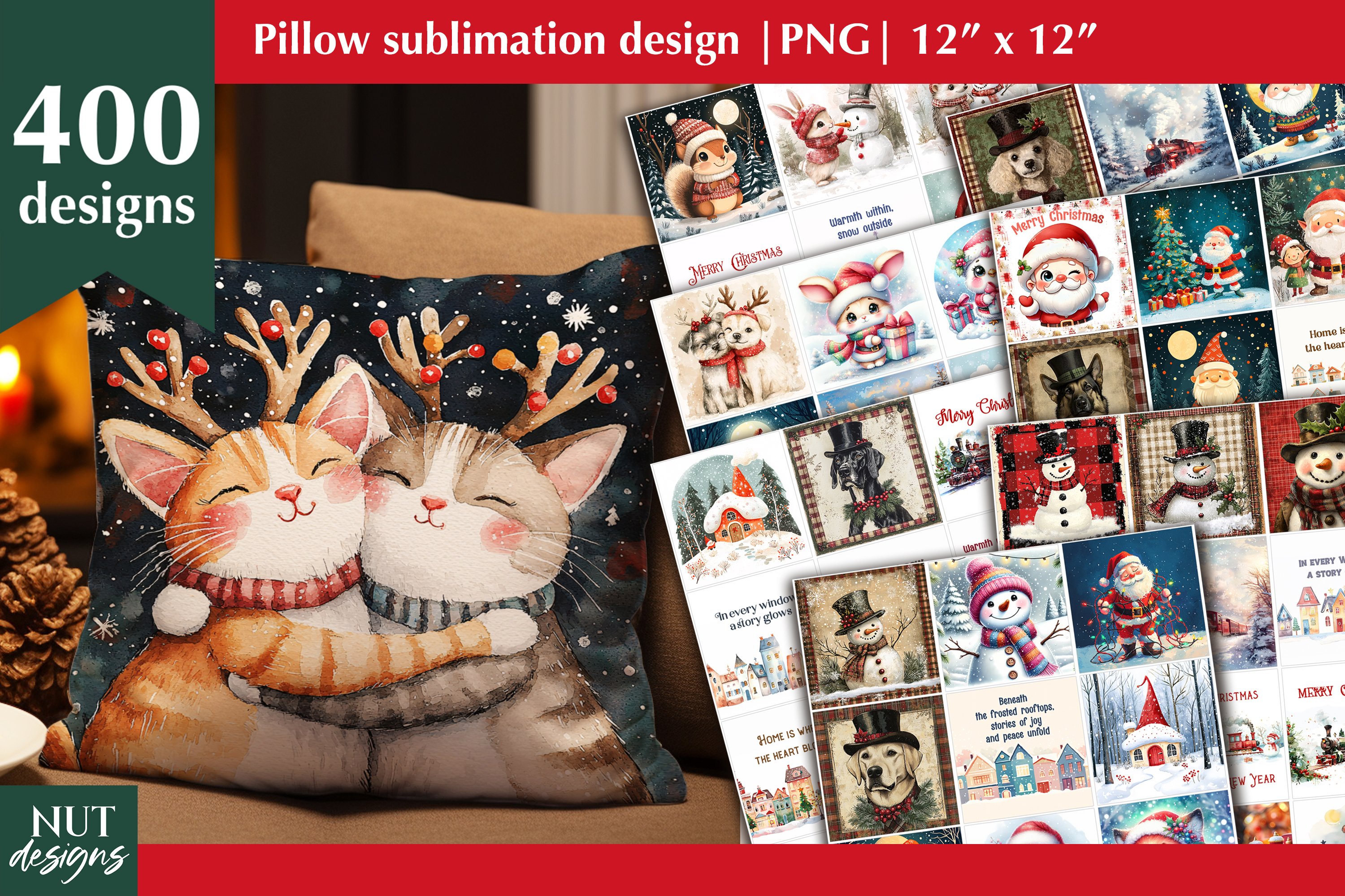 Christmas animals, Santa Claus, Christmas pillow Bundle
