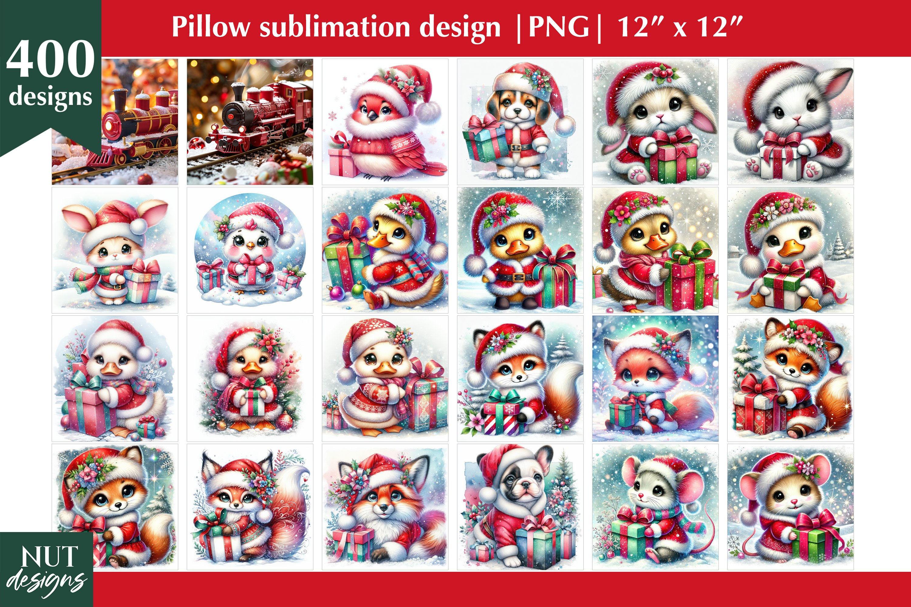 Christmas animals, Santa Claus, Christmas pillow Bundle 2