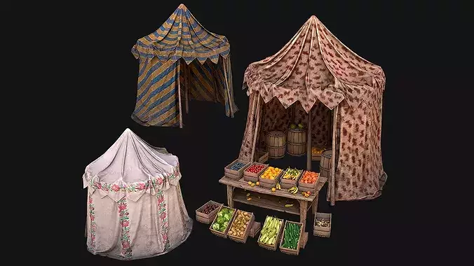 Medieval Market Stalls Cylindrical Tent Fruits Vegetables Low-poly 3D model
