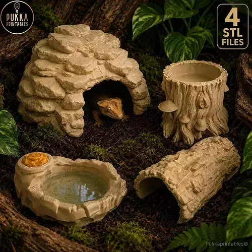 Reptile Habitat 4 Bundle Corner Cave Tunnel Rock Bowl Tree STL 3D print model