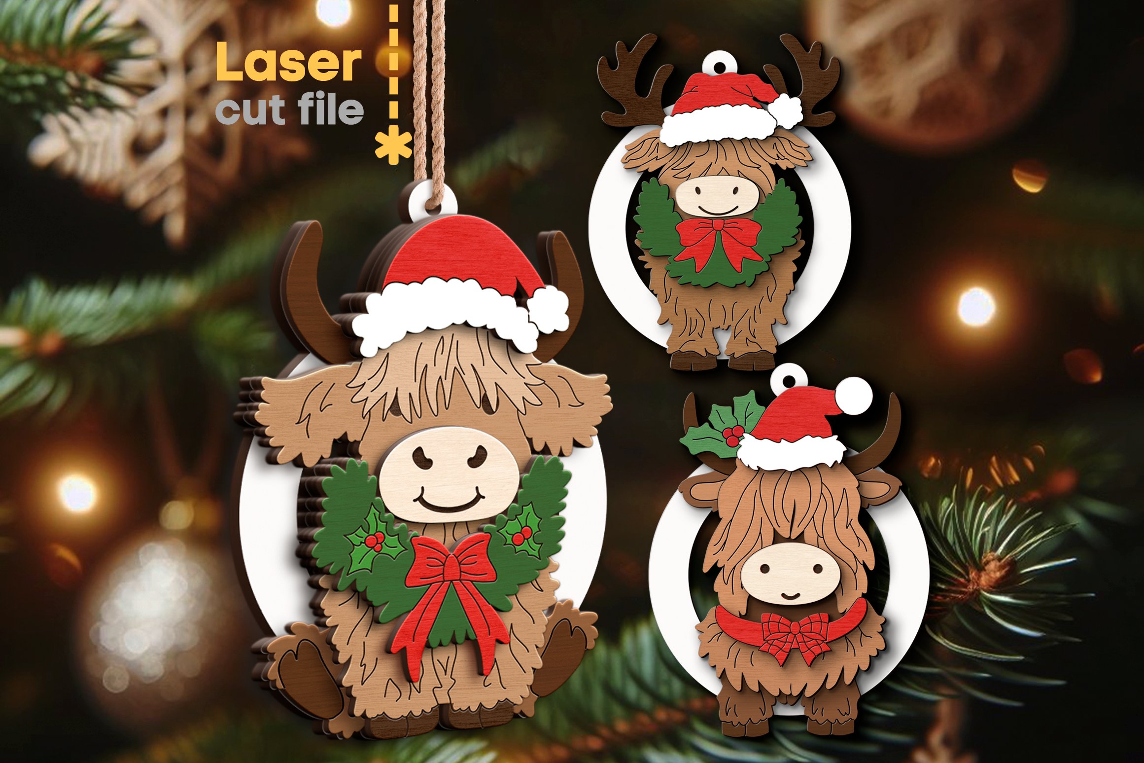 Bull Christmas Tree Toys SVG laser cut file for Glowforge