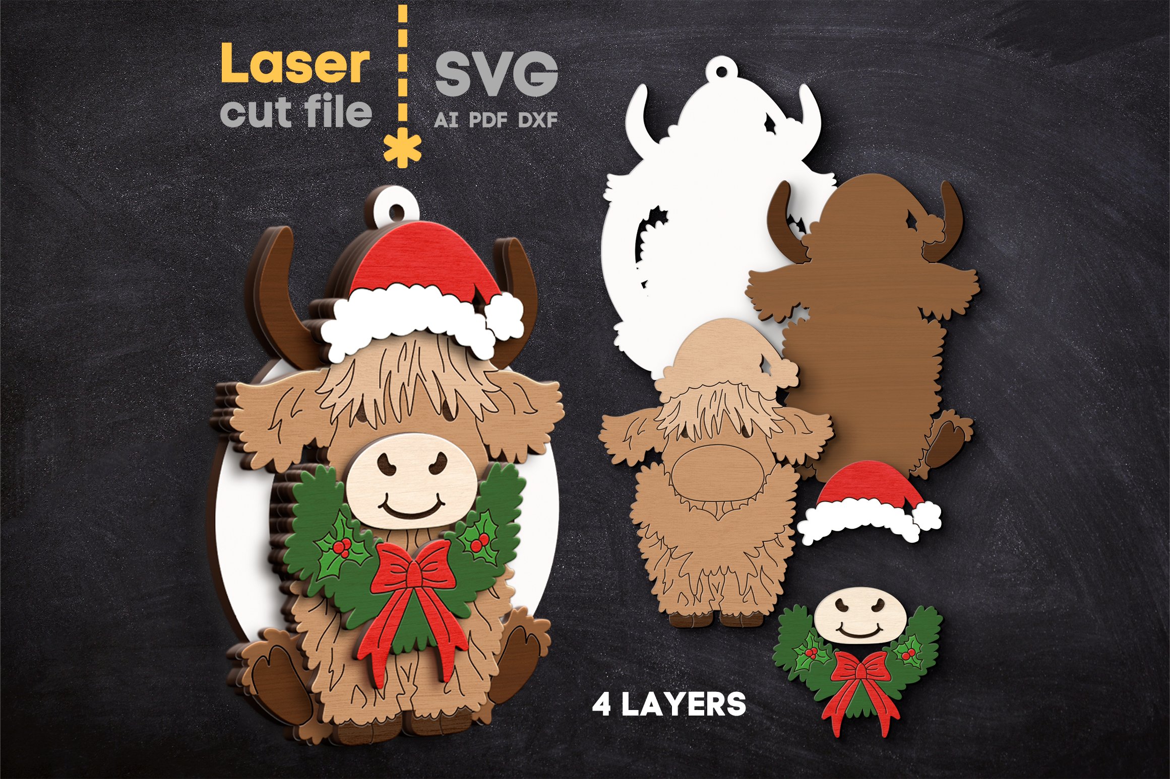 Bull Christmas Tree Toys SVG laser cut file for Glowforge 2
