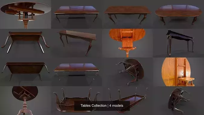Tables Collection - Low Poly wooden table with circular top 3D Model Pack