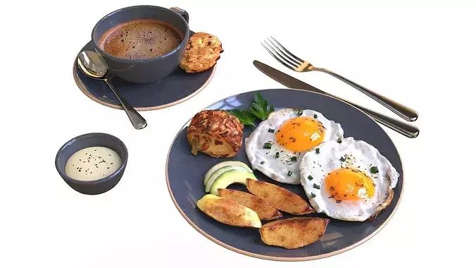 Breakfast with fried egg potatoes and coffee 3D model
