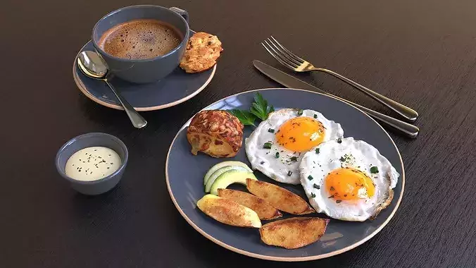 Breakfast with fried egg potatoes and coffee 3D model 2