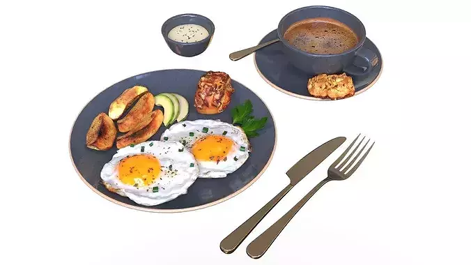 Breakfast with fried egg potatoes and coffee 3D model 3