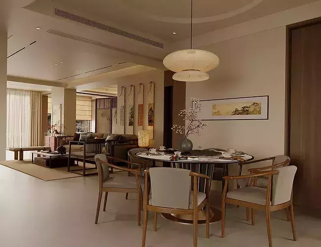 Chinese style living and dining room New Chinese Style Home 3D model 2