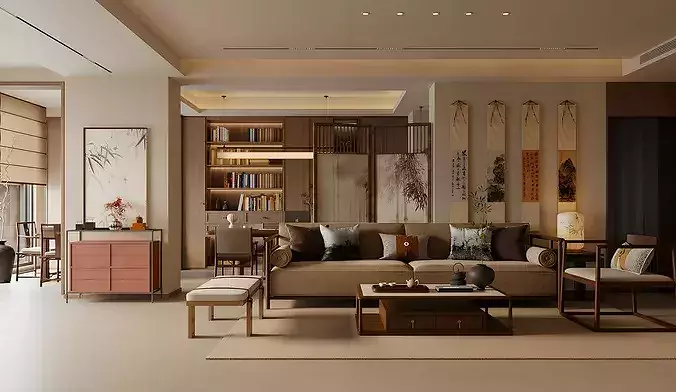 Chinese style living and dining room New Chinese Style Home 3D model 3