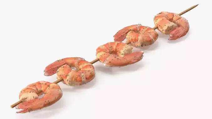 Cooked Shrimps with Tails on Skewer 3D model