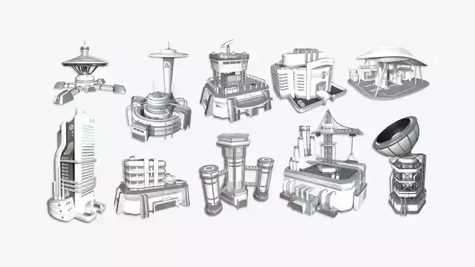 10 Sci Fi Buildings Collection B - White Gray - Exterior Design 3D Model Pack