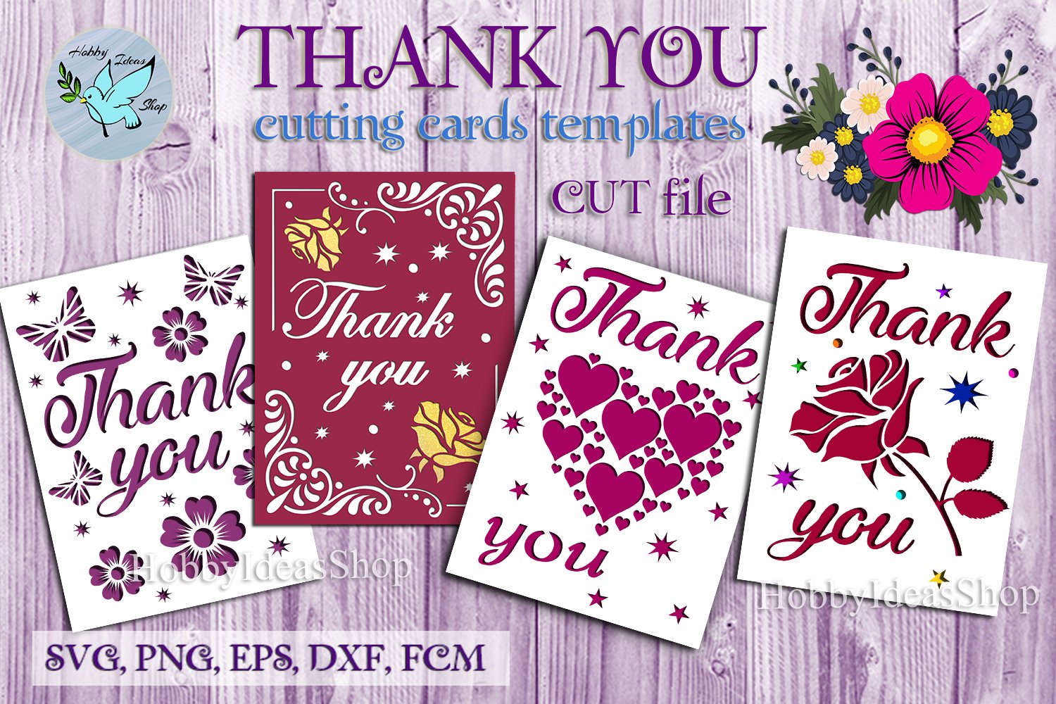 Thank You Cards SVG, 4 Cards Templates svg/dxf/fcm