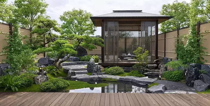 Chinese garden Japanese garden Chinese corridor Chinese pavilion 3D model 3
