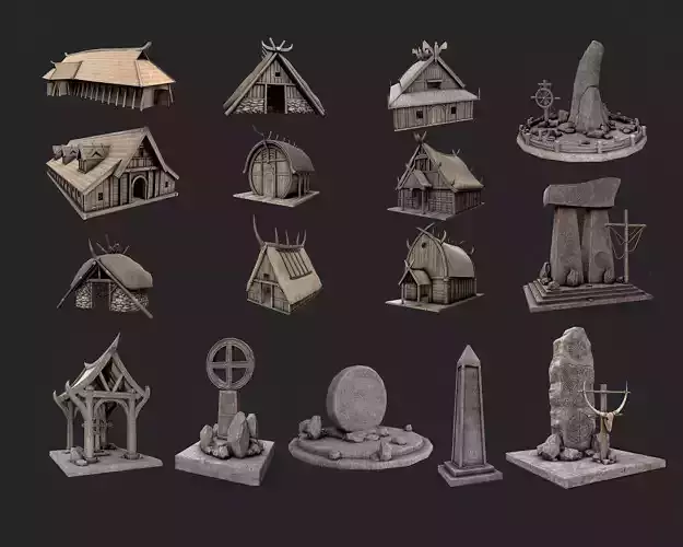 Viking Houses Totems Runestones Collection 3D Model Pack