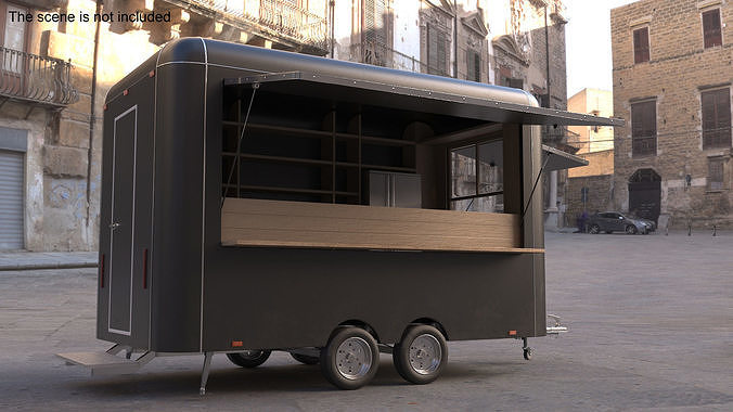 Food Trailer Black with Equipment 3D model 3