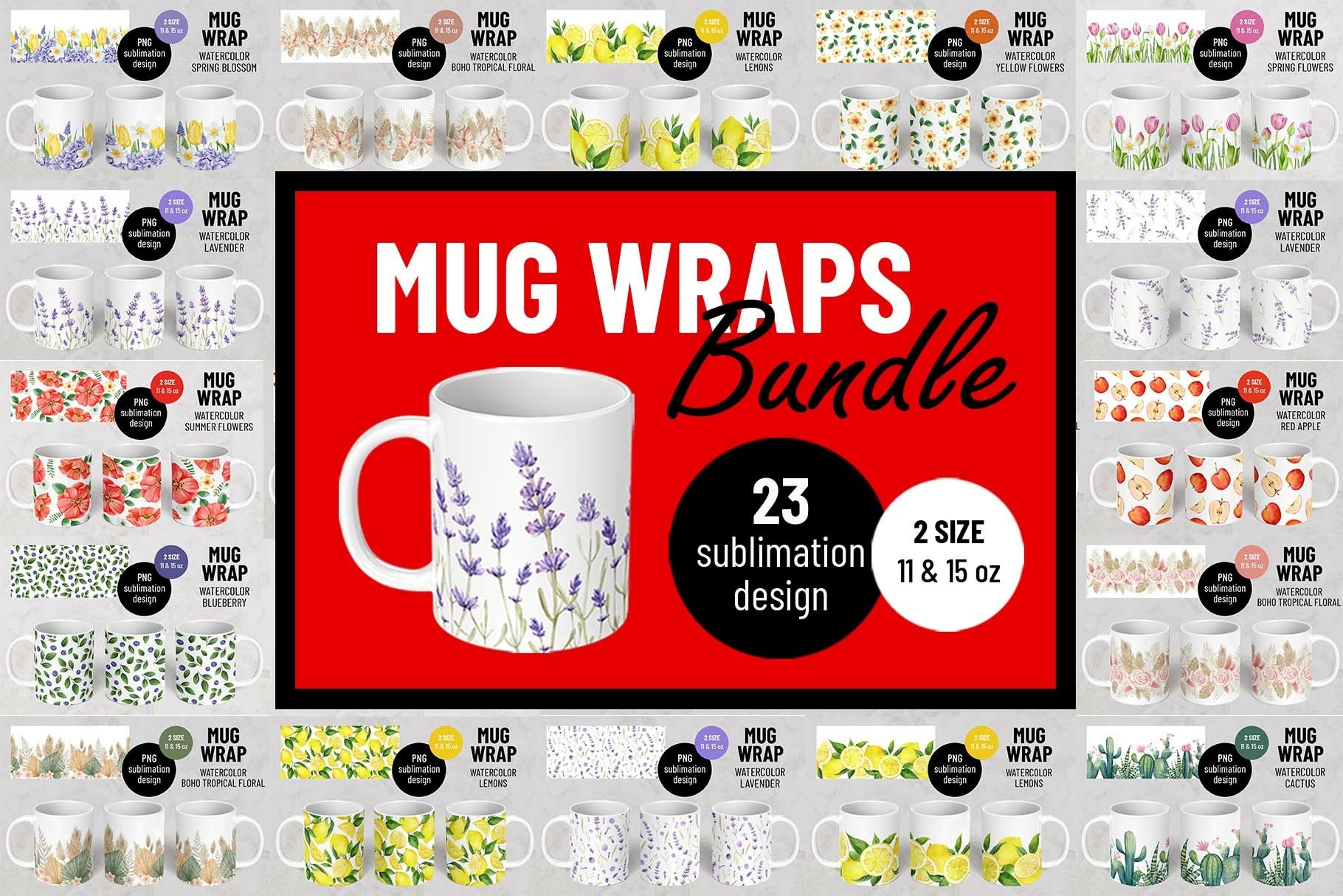 BUNDLE Mug Wraps / Watercolor / Flower, fruit, cactus, plant