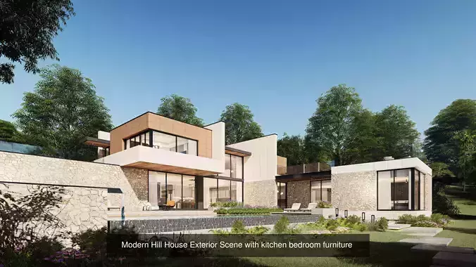 Mordern Hill House Exterior and Interior Scene with 2D Drawing 3D Model Pack