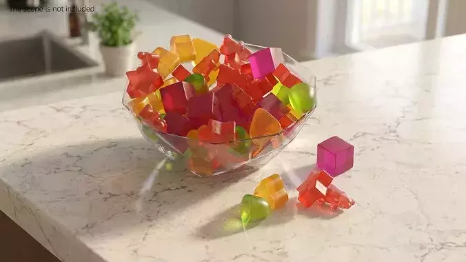 Fruit Flavor Gumdrops with Glass Bowl Set Multicolor 3D model 3