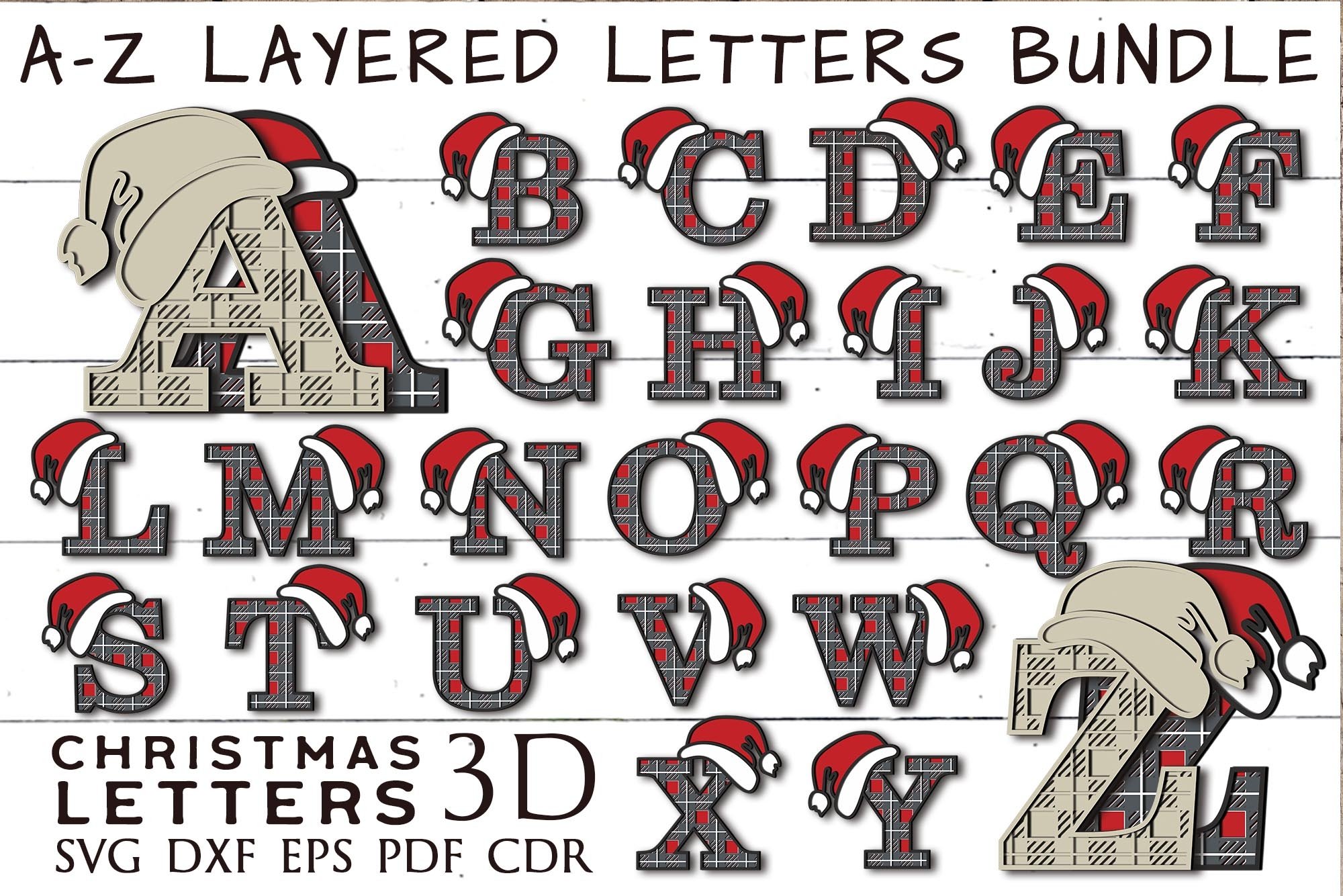 3D Christmas Alphabet Bundle| A-Z Buffalo Plaid Layered SVG