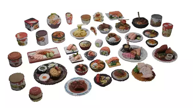 Tiny Asian Food 3D Model Collection Retro Pixel Style Low-poly 3D model