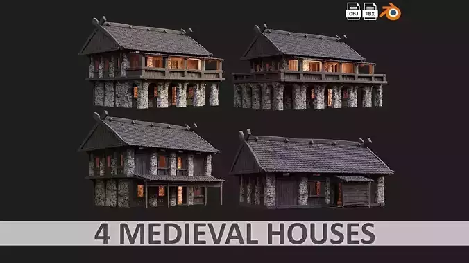 4 Old Medieval Building House Pack 4K Tex GameReady 41 to 44 Low-poly 3D model