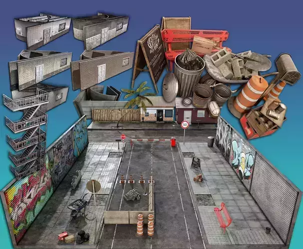 exterior city building objects - low-poly - street 3D Model Pack