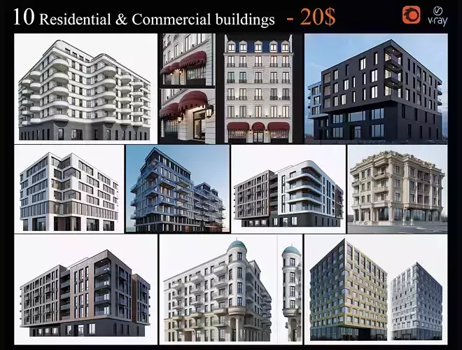 Residential and commercial buildings set - 3 3D Model Pack