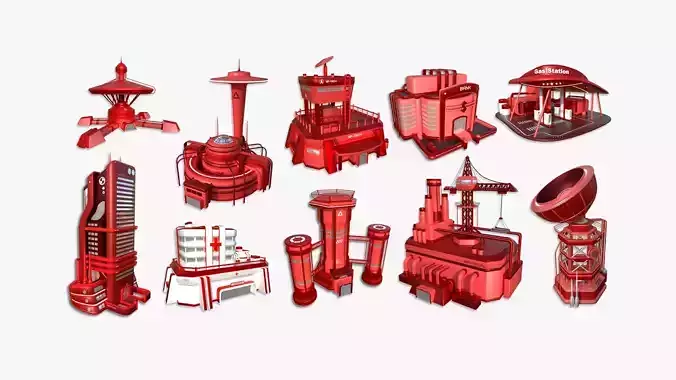 10 Sci Fi Buildings Collection E - Red - Exterior Design 3D Model Pack