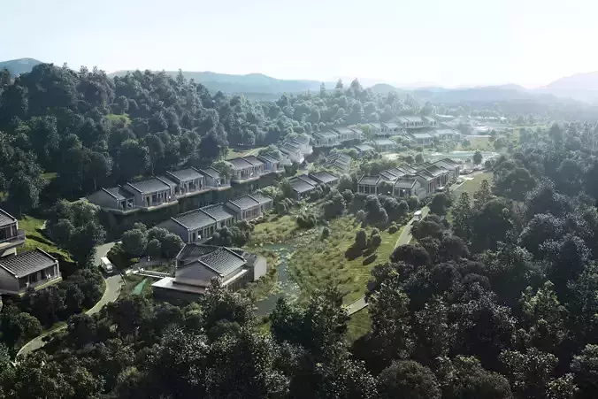 Misty Mountain Chinese Resort Village Courtyard Houses 3D model
