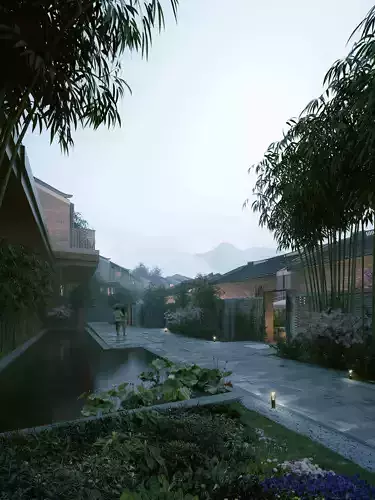 Misty Mountain Chinese Resort Village Courtyard Houses 3D model 2