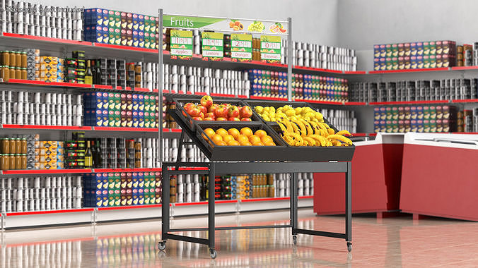 Supermarket Display with Fruit 3D model 2