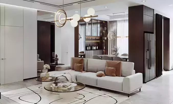 Modern Living  and Dining Room Interior 3D model