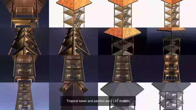 Tropical tower and pavilion set 2 3D Model Pack