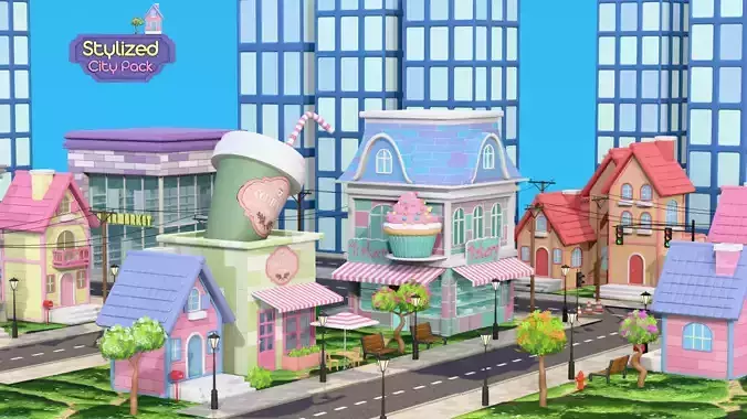 Stylized City Pack - Road Builder Addon and Props 3D model