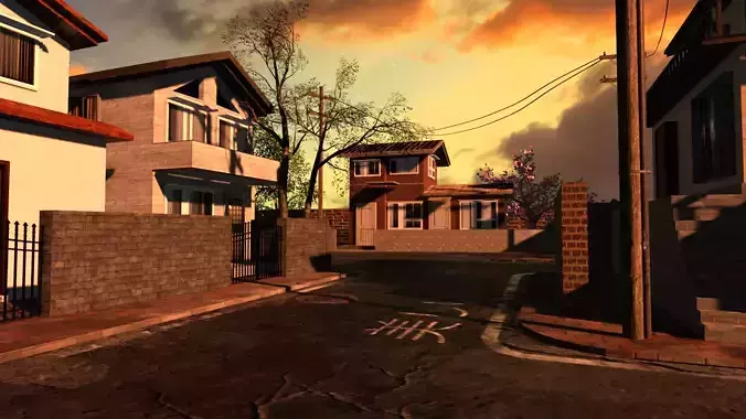 Japanese Residential Neighborhood Low-poly 3D model