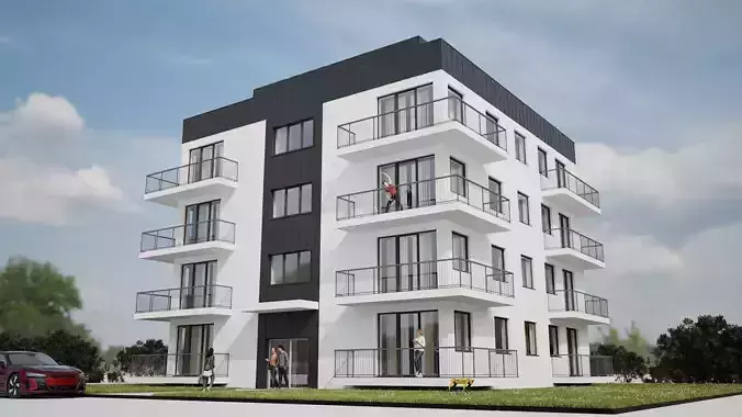 Modern Apartment Building 3D Model   Five Story Residential 3D model
