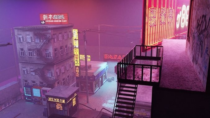 Cyberpunk Bazaar Scene Low-poly 3D model 3