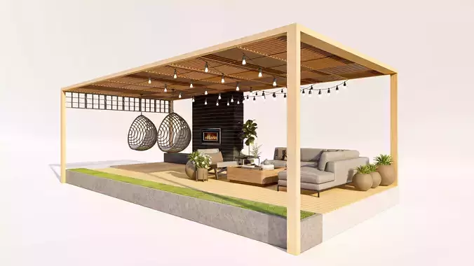 Outdoor Pergola with Fireplace and Lounge Area Low-poly 3D model