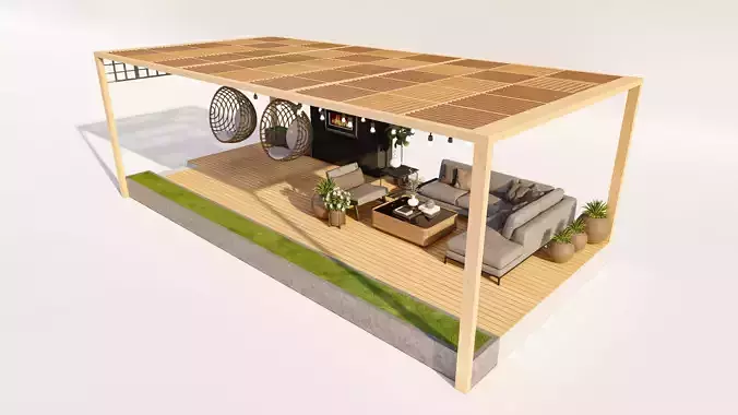 Outdoor Pergola with Fireplace and Lounge Area Low-poly 3D model 2
