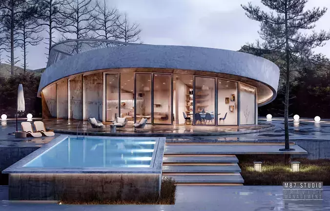 Modern Curved Villa Exterior with Pool and Night Lighting Low-poly 3D model