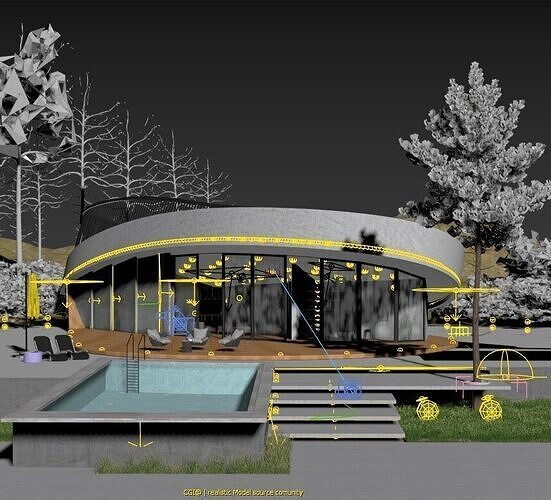 Modern Curved Villa Exterior with Pool and Night Lighting Low-poly 3D model 2