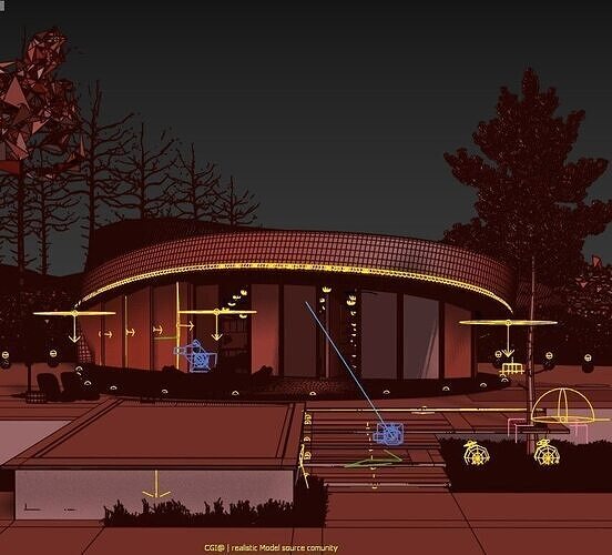 Modern Curved Villa Exterior with Pool and Night Lighting Low-poly 3D model 3