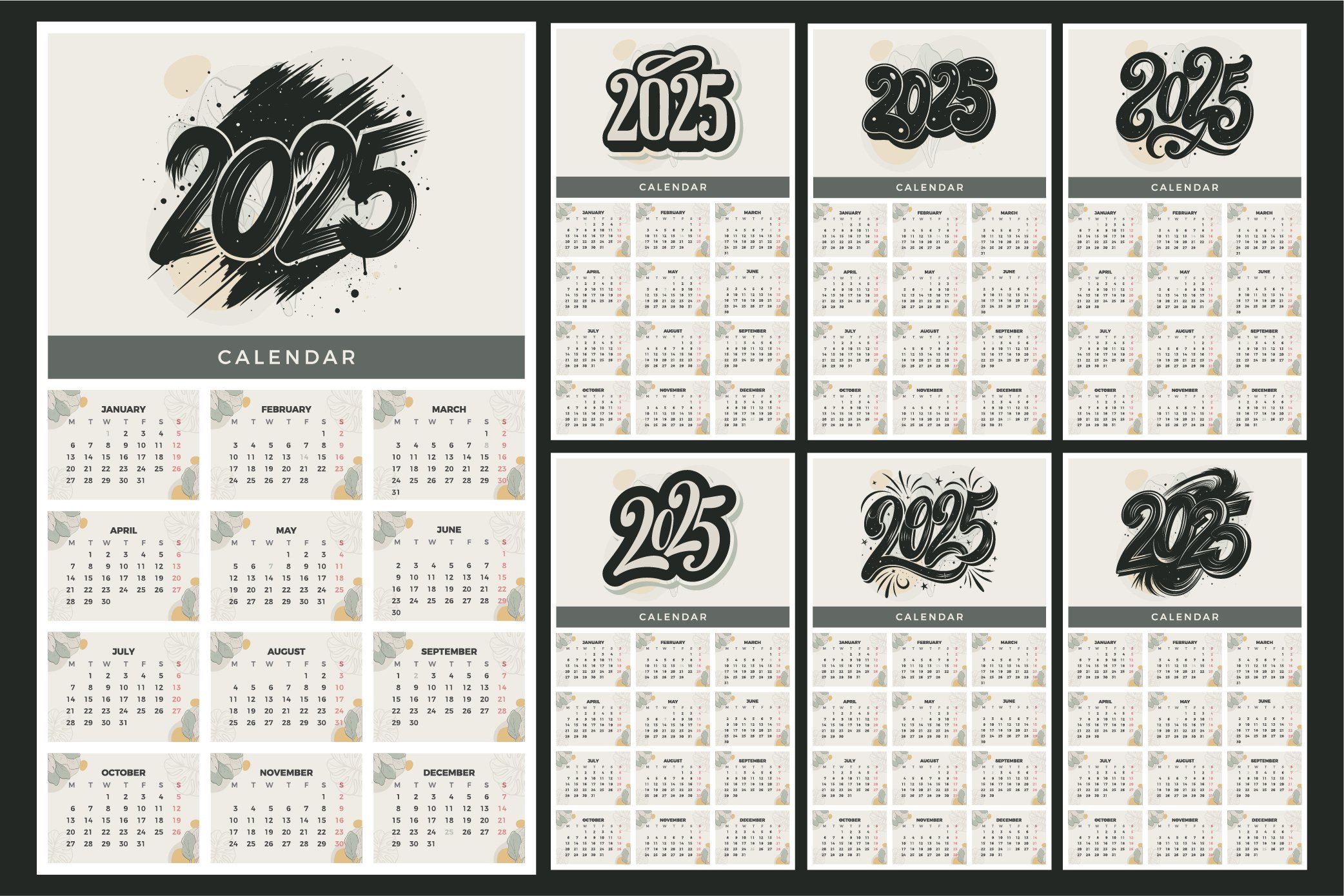 2025 Floral Calendar Bundle. 150 Calendar Template for Print 2