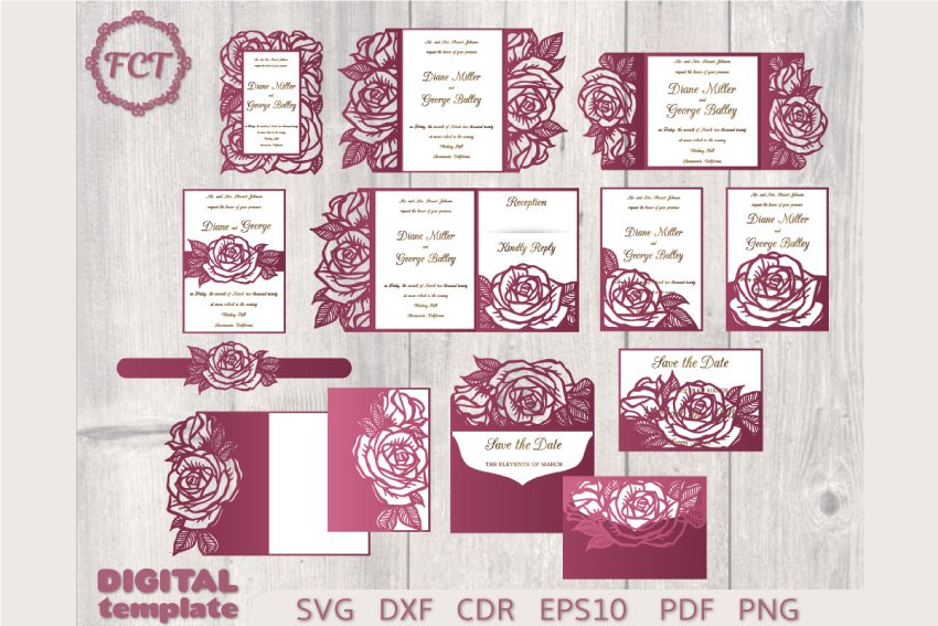 Set 10 Roses Wedding Invitation SVG templates Cricut, Laser